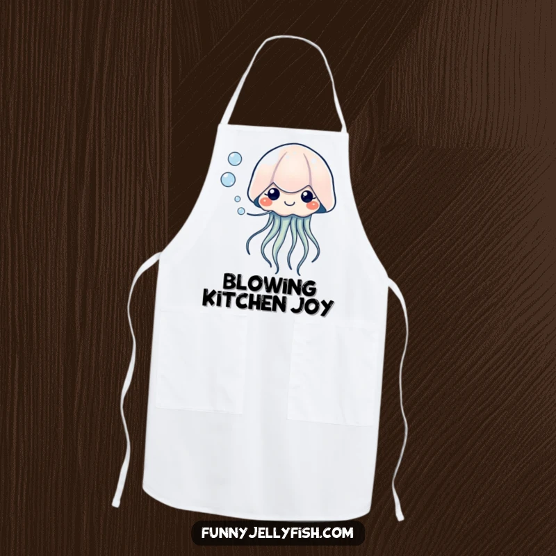 Funny Kawaii Jellyfish Apron, showing a creature blowing bubbles with tiny, happy eyes, providing kitchen protection with humorous, gentle flair.