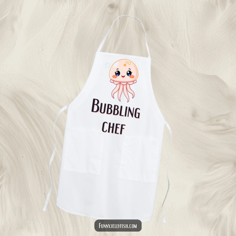 Funny Kawaii Jellyfish Apron, showing a creature bouncing on a bubble with delighted eyes, providing kitchen protection with humorous, playful flair.