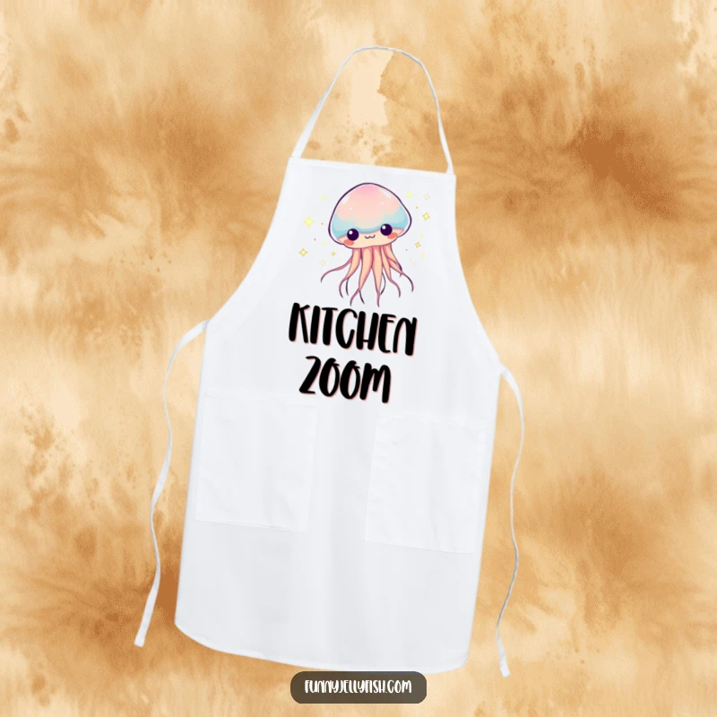 Funny Kawaii Jellyfish Apron, showing a creature zooming with sparkly, colorful trails, providing kitchen protection with humorous, energetic flair.