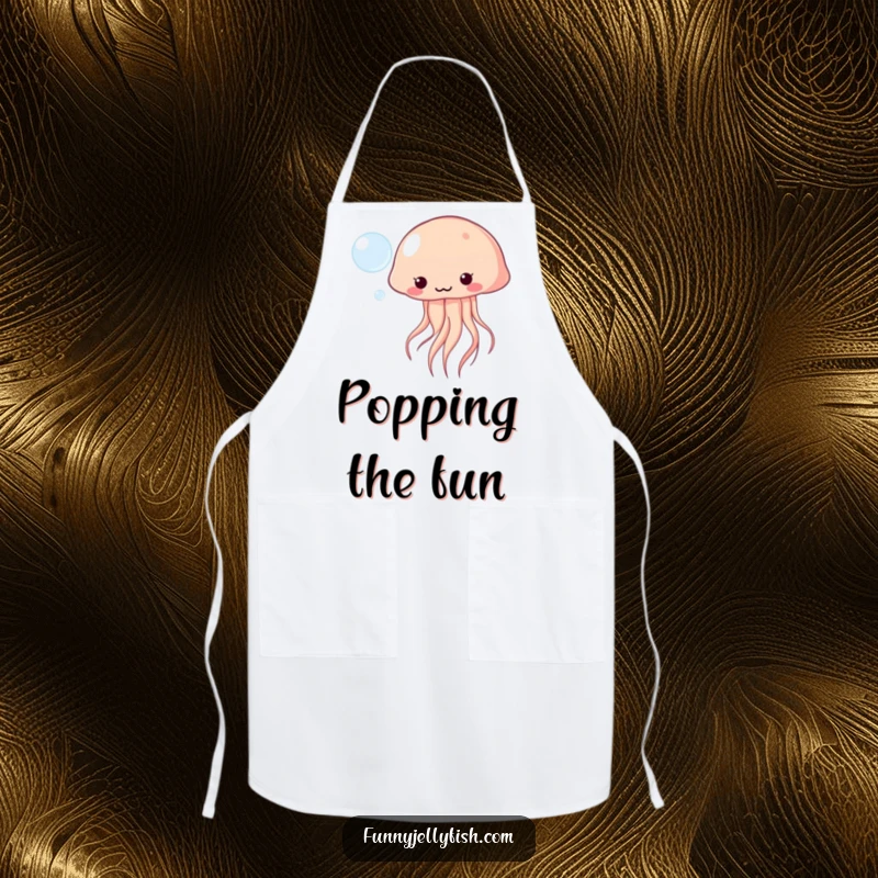 Funny Kawaii Jellyfish Apron playfully bopping a floating bubble, perfect for kitchen fun with cute ocean humor.