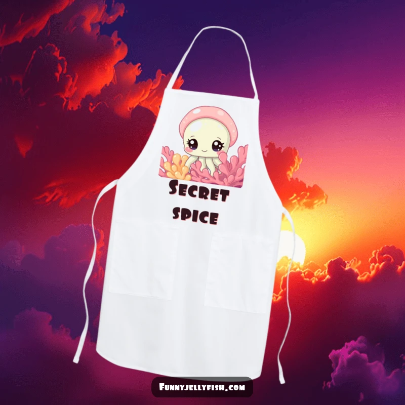 Funny Apron with a Curious Jellyfish with Sparkling Eyes Peeking from Behind Coral, ready for culinary fun