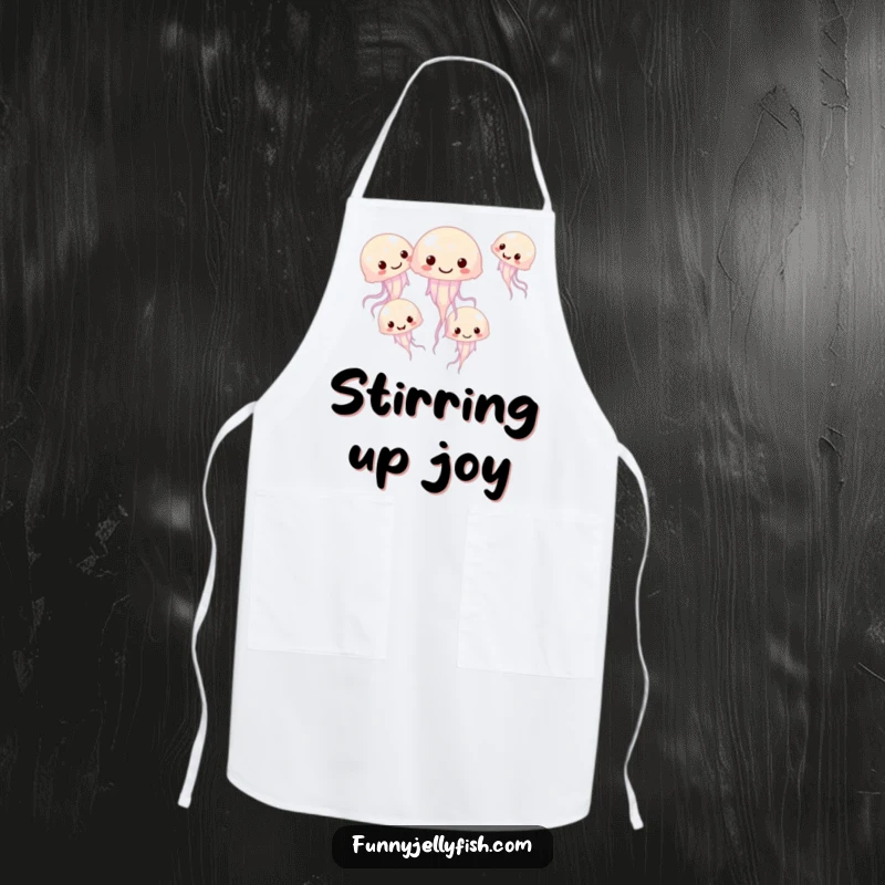 Funny apron depicting a group of small, giggling jellyfish swimming in a playful circle, perfect for adding humor to cooking.