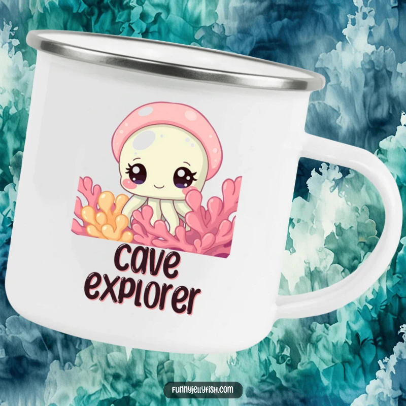 Funny Camping Mug with a Curious Jellyfish with Sparkling Eyes Peeking from Coral, ready for the wild