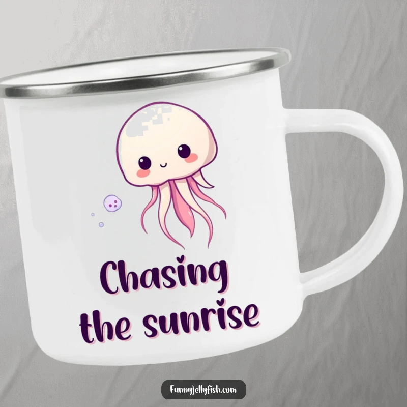 Funny Kawaii Jellyfish Camping Mug with a cute jellyfish playfully chasing plankton, ideal for outdoor beverages.
