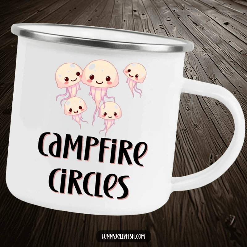 Funny camping mug showing a group of small, giggling jellyfish swimming in a playful circle, perfect for enjoying drinks outdoors.