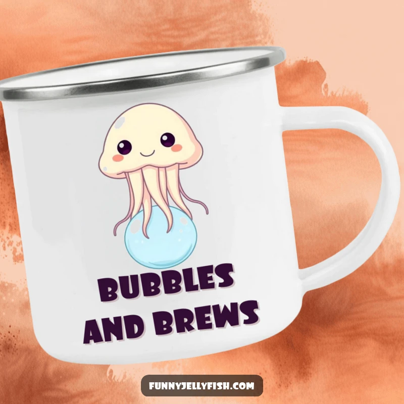 Funny camping mug featuring a joyful jellyfish bouncing on a small water bubble, perfect for sipping coffee by the campfire.