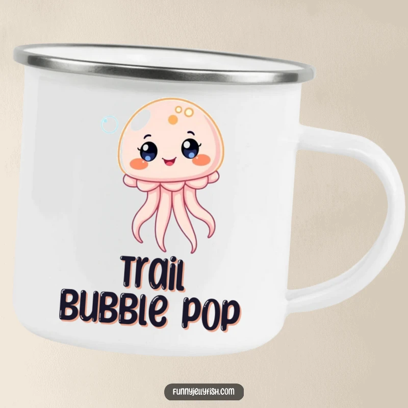 Funny Kawaii Jellyfish Camping Mug, showing a creature bouncing on a bubble with delighted eyes, ready for outdoor fun with whimsical humor.