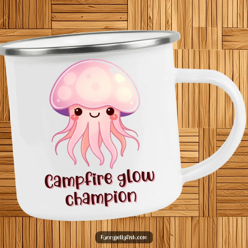Funny Kawaii Jellyfish Camping Mug radiating a soft, happy glow, perfect for outdoor adventures with cute ocean humor.