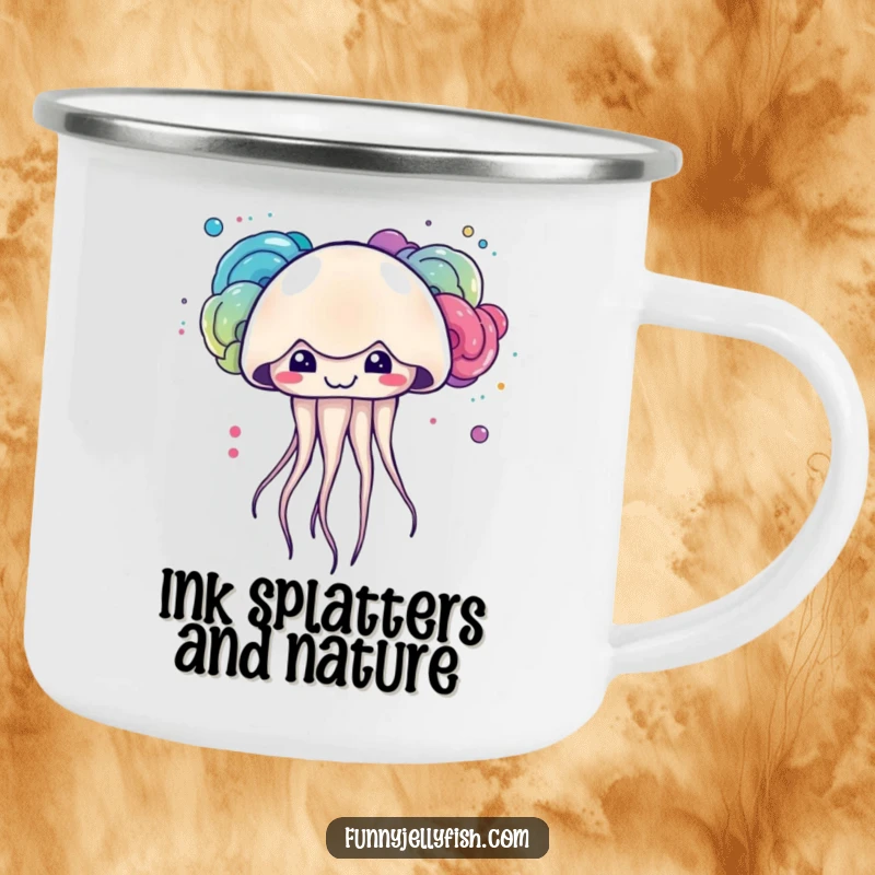 Funny kawaii jellyfish with a mischievous grin creating colorful ink clouds on this sturdy and cute camping mug.