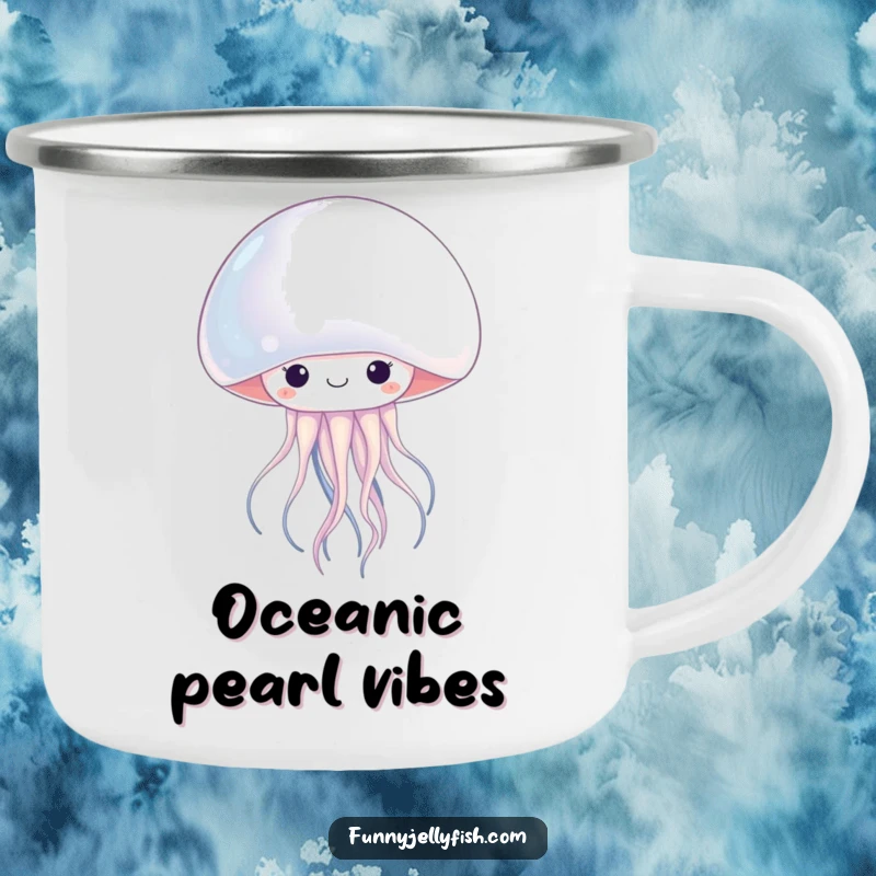 Funny kawaii jellyfish peeking from a large, glowing pearl, this sturdy camping mug is ideal for humorous outdoor enjoyment.