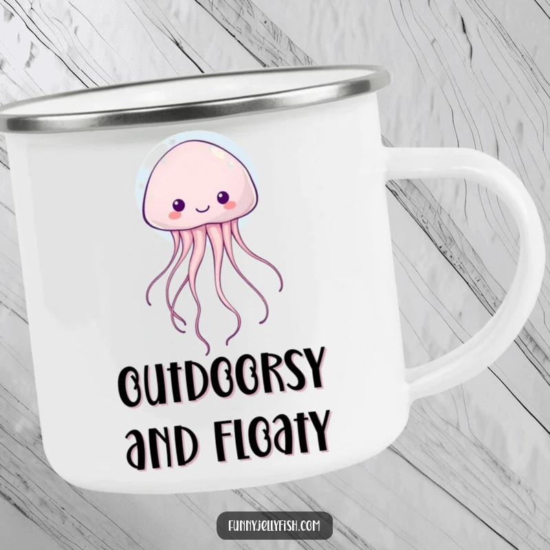 Funny kawaii jellyfish with wiggly tentacles floating happily inside a bubble on this sturdy and cute camping mug.