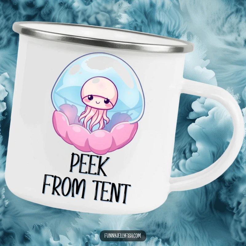 Funny camping mug featuring a shy jellyfish peeking out from a colorful, translucent anemone, perfect for sipping beverages outdoors.