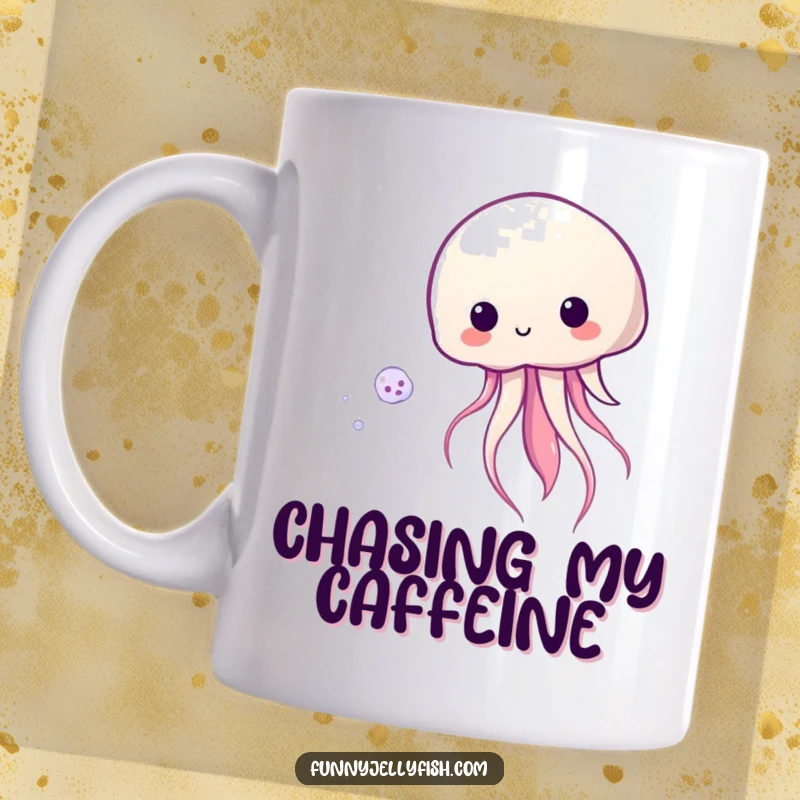 Funny Kawaii Jellyfish Mug showing a cute jellyfish playfully pursuing a tiny, shimmering plankton in the ocean.
