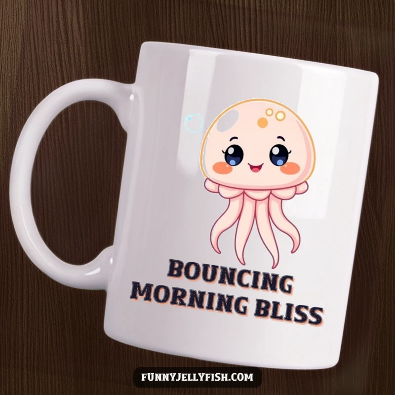 Funny Kawaii Jellyfish Mug, depicted joyfully bouncing on a bubble with wide, delighted eyes, radiating pure happiness and playful energy.