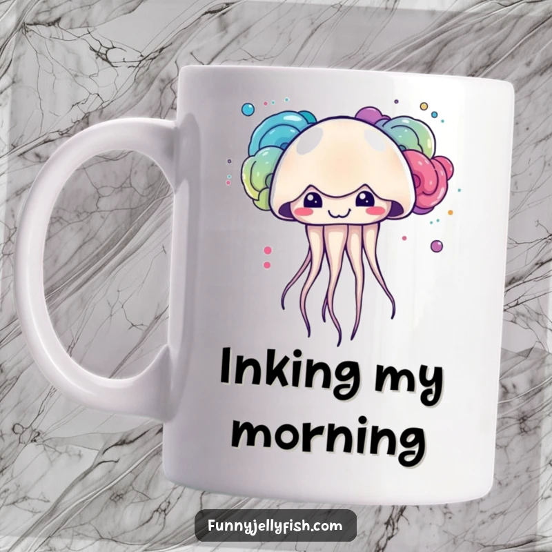 Funny kawaii jellyfish with a mischievous grin creating vibrant, colorful ink clouds on this artistic mug.