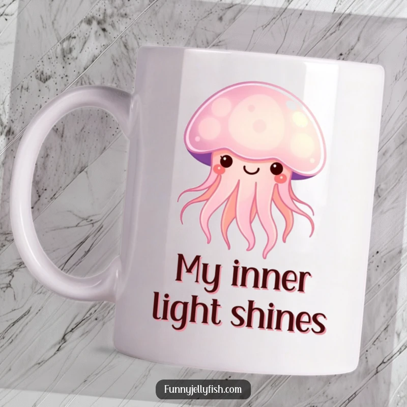 Funny Kawaii Jellyfish Mug radiating a soft, happy glow, bringing cheerful vibes and cute ocean life to your desk.