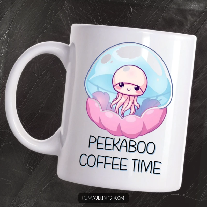 Funny mug featuring a shy jellyfish peeking out from a translucent, colorful anemone, capturing a moment of quiet curiosity and charm.