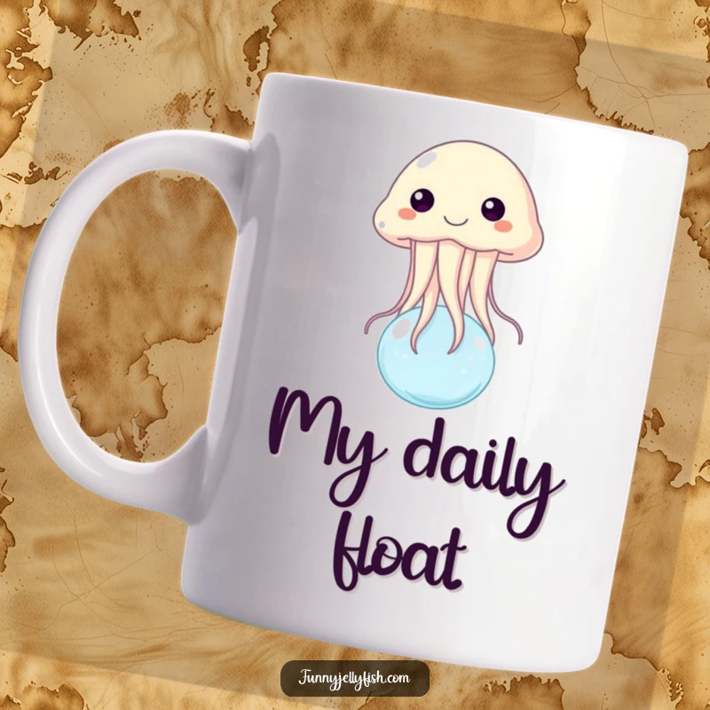 Funny mug featuring a joyful jellyfish gently bouncing on a small, friendly water bubble, radiating pure happiness and playful energy.