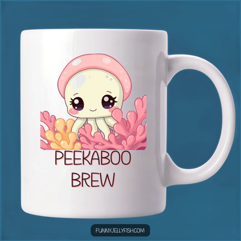 Funny Curious Jellyfish Coral Mug: Sparkling Eyes Peeking Perfect Funny Gift