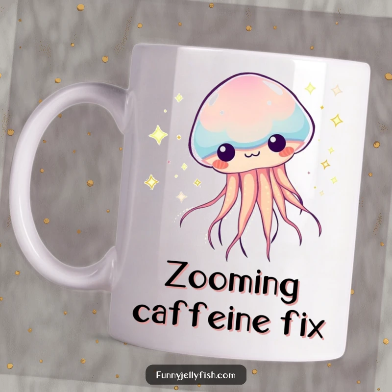 Funny Kawaii Jellyfish Mug, depicted zooming with sparkly, colorful trails, radiating speed, excitement, and a touch of whimsical humor.