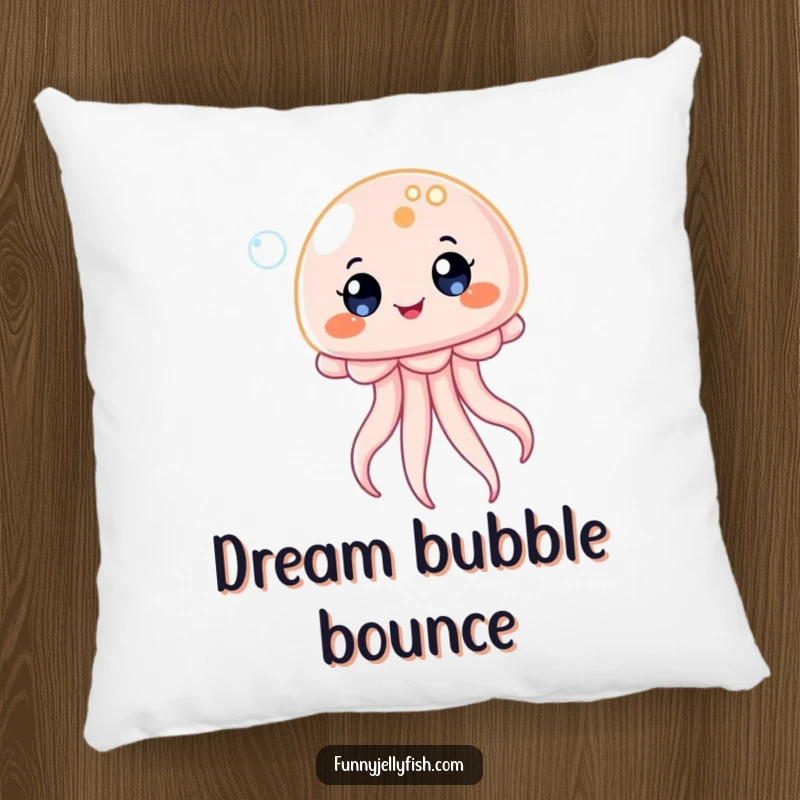 Funny Kawaii Jellyfish Pillow, depicting a creature bouncing on a bubble with delighted eyes, offering soft comfort and humorous, playful charm.