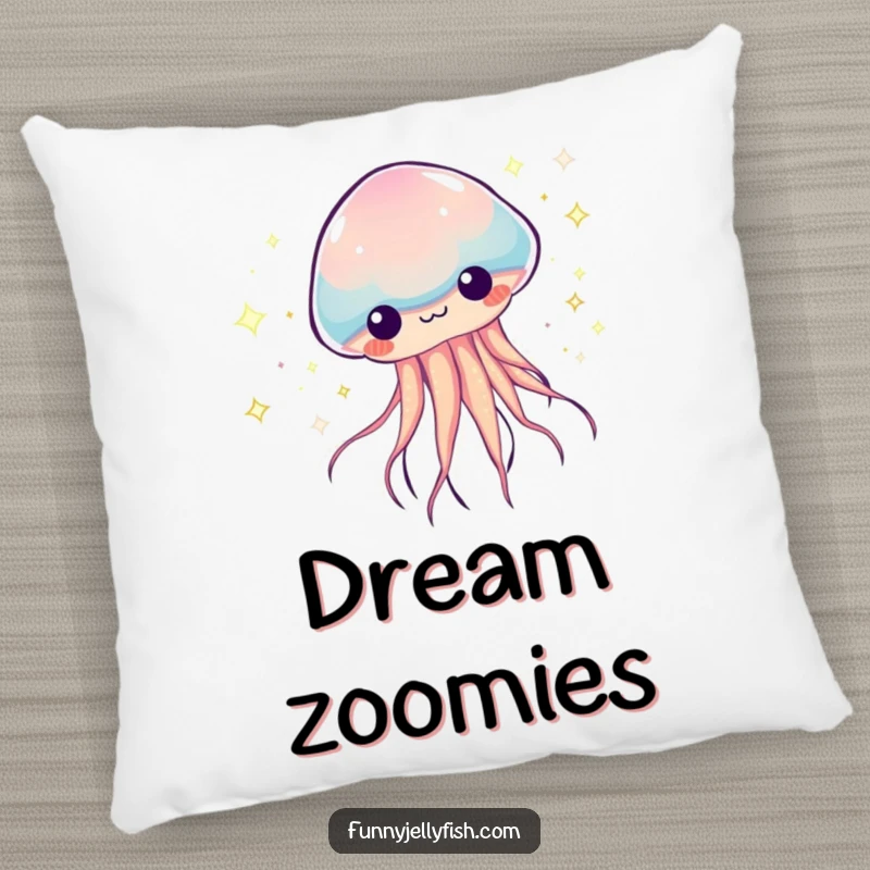 Funny Kawaii Jellyfish Pillow, depicting a creature zooming with sparkly, colorful trails, offering plush comfort and humorous, energetic charm.