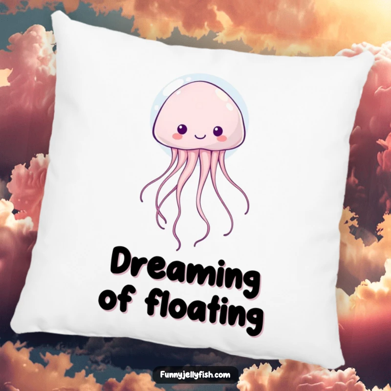 Funny kawaii jellyfish with trailing, wiggly tentacles floating happily inside a bubble, featured on this soft and plush pillow.