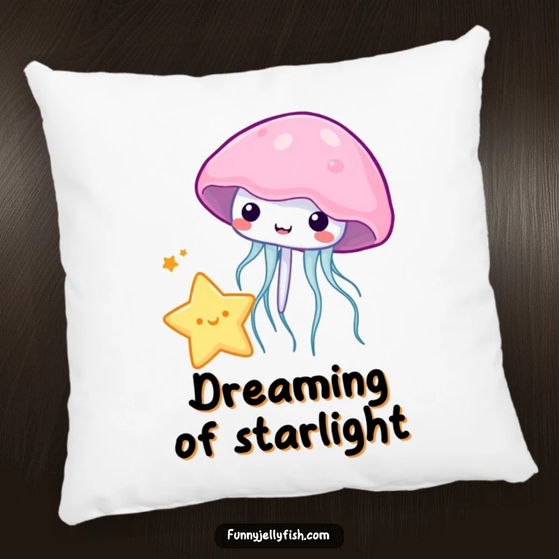 Funny kawaii jellyfish playfully bouncing a miniature star with its bell, featured on this soft and plush pillow.