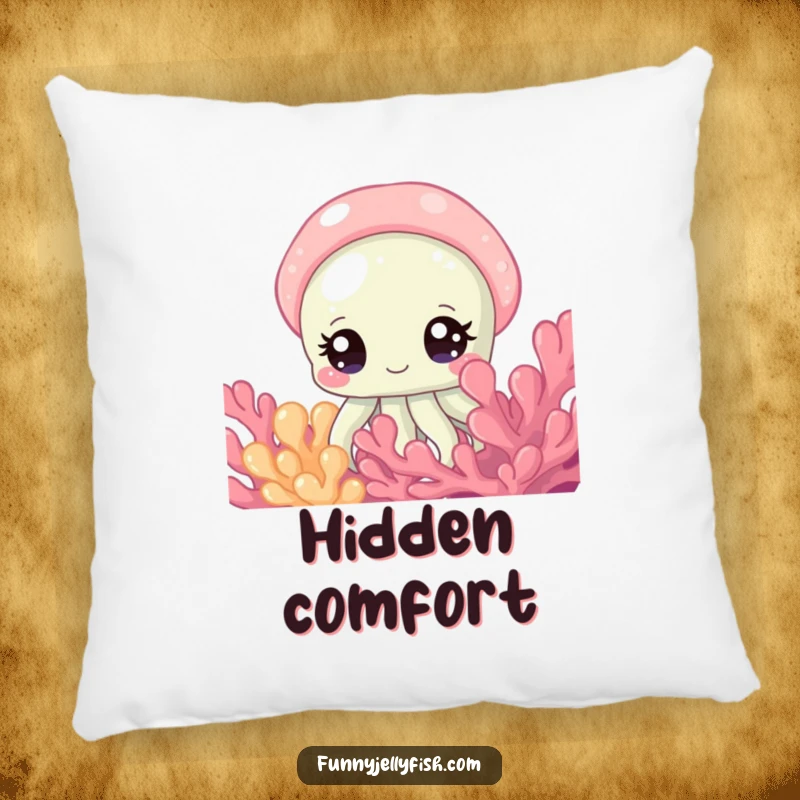Funny Pillow featuring a Curious Jellyfish with Sparkling Eyes Peeking from Coral, soft and decorative