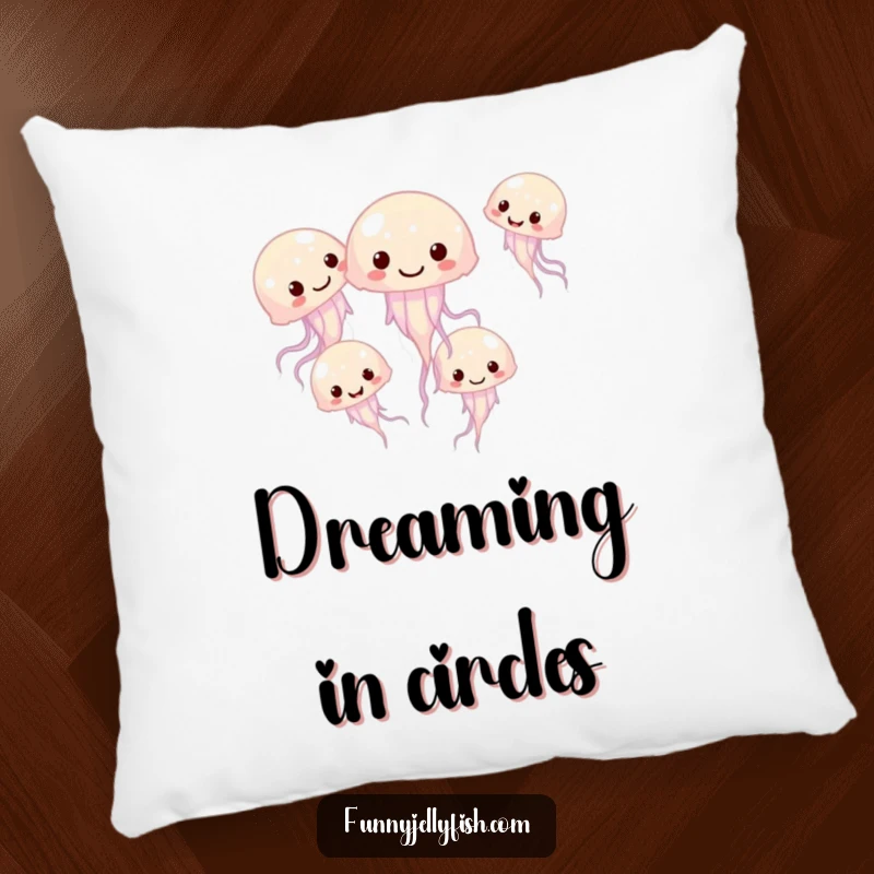Funny pillow featuring a group of small, giggling jellyfish swimming in a playful circle, adding a touch of whimsical comfort to any room.