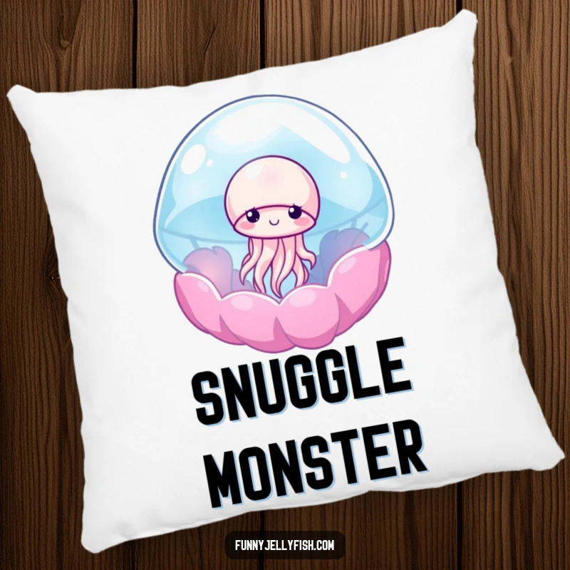 Funny pillow featuring a shy jellyfish peeking out from a colorful, translucent anemone, adding a touch of gentle charm to any space.