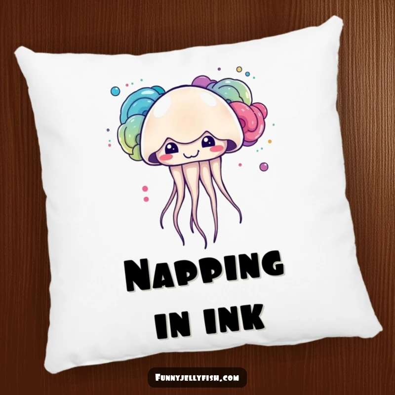 Funny kawaii jellyfish with a mischievous grin creating colorful ink clouds, featured on this soft and plush pillow.