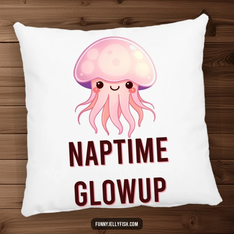 Funny Kawaii Jellyfish Pillow radiating a soft, happy glow, offering plush comfort and adorable, cheerful ocean-themed humor.