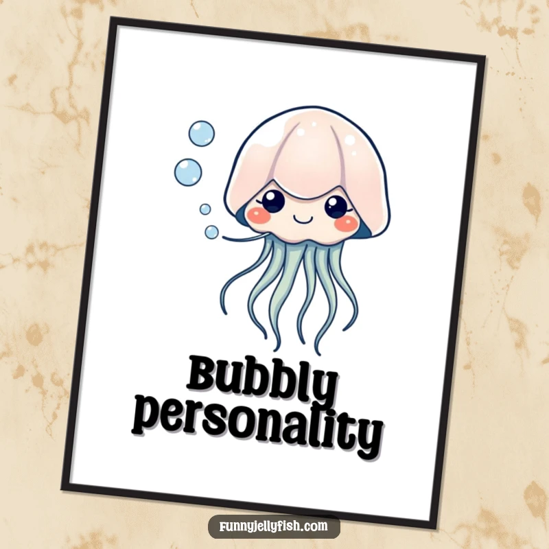 Funny Kawaii Jellyfish Digital Art Print, showing a creature blowing bubbles with tiny, happy eyes, delivering instant humor and serene charm.
