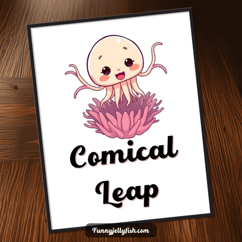 Funny Kawaii Jellyfish Jump Digital Art depicting a cute jellyfish comically leaping from a hidden sea anemone, ideal for decor.