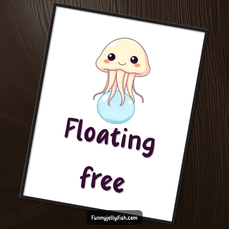 Funny digital art print of a happy jellyfish joyfully bouncing on a tiny, effervescent water bubble, perfect for whimsical wall art.
