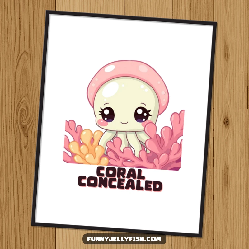 Funny Digital Art Print of a Curious Jellyfish with Large, Sparkling Eyes Peeking from Behind Coral, whimsical wall decor