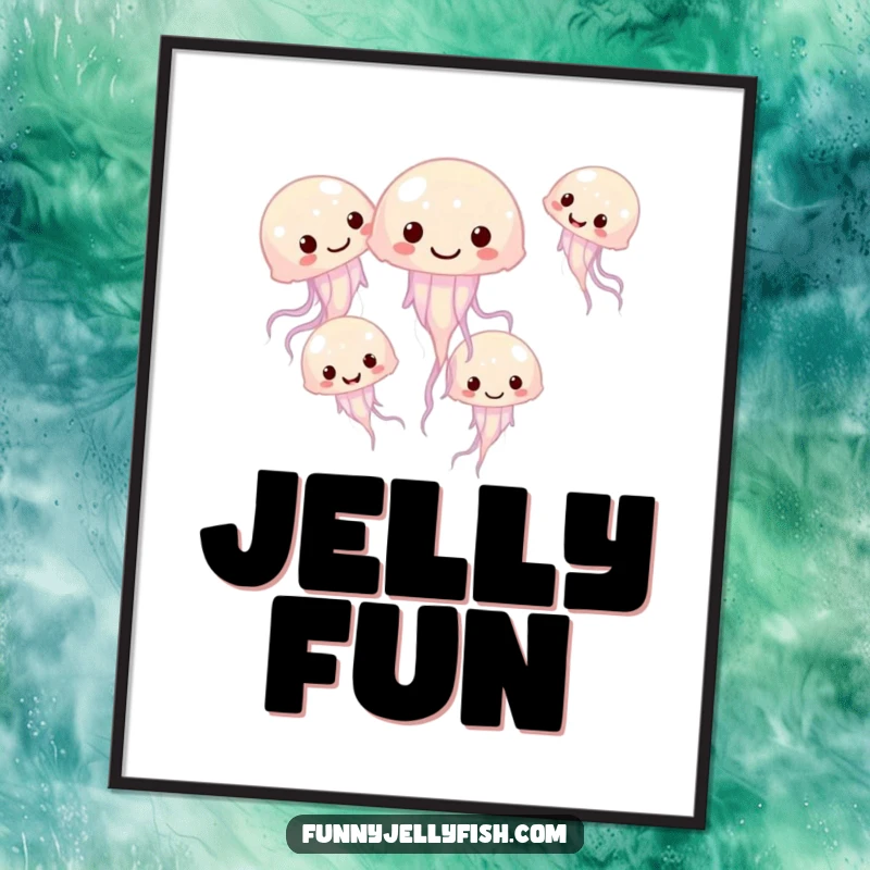 Funny digital art print of small, giggling jellyfish swimming in a playful circle, creating a lively and amusing underwater scene.
