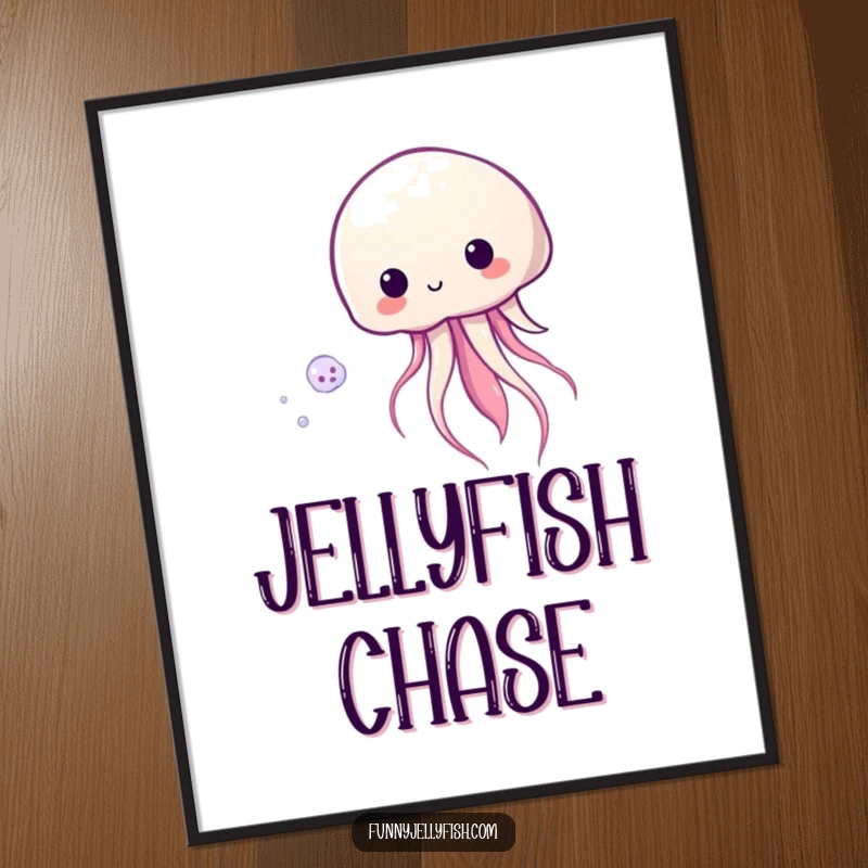 Funny Kawaii Jellyfish Digital Art depicting a cute jellyfish playfully chasing plankton, ideal for instant decorative prints.