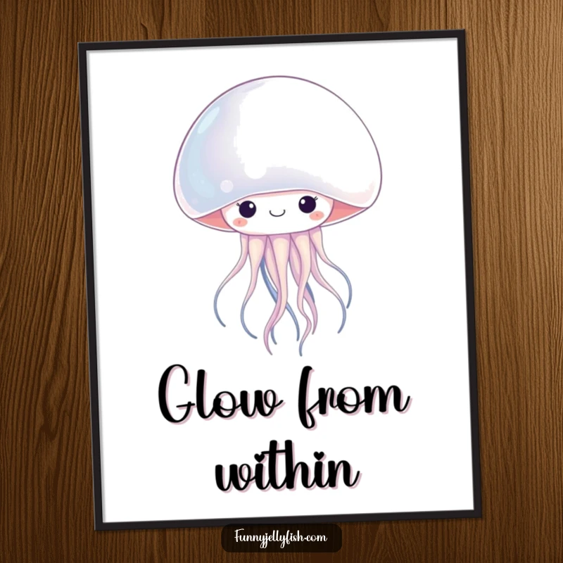 Funny kawaii jellyfish peeking from a massive, shimmering pearl, this digital art print radiates cute and humorous ocean vibes.