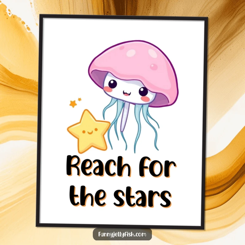 Funny kawaii jellyfish playfully bouncing a tiny star with its bell, rendered as a vibrant digital art print.