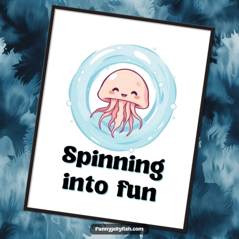 Funny kawaii jellyfish giggling as it spins rapidly in a swirling water vortex, rendered as a vibrant digital art print.