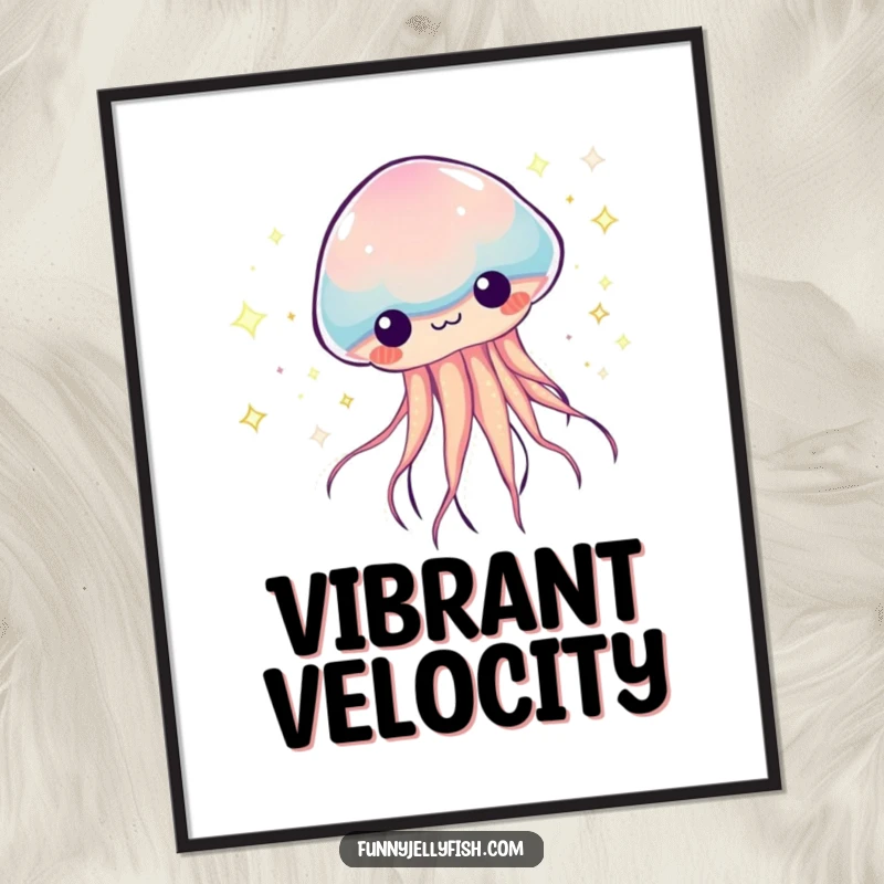 Funny Kawaii Jellyfish Digital Art Print, showing a creature zooming with sparkly, colorful trails, delivering instant humor and vibrant energy.