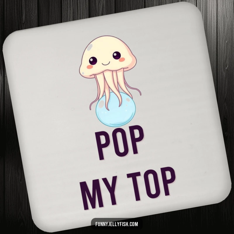 Funny coaster set featuring a happy jellyfish bouncing on a small water bubble, adding a touch of aquatic humor to your tables.