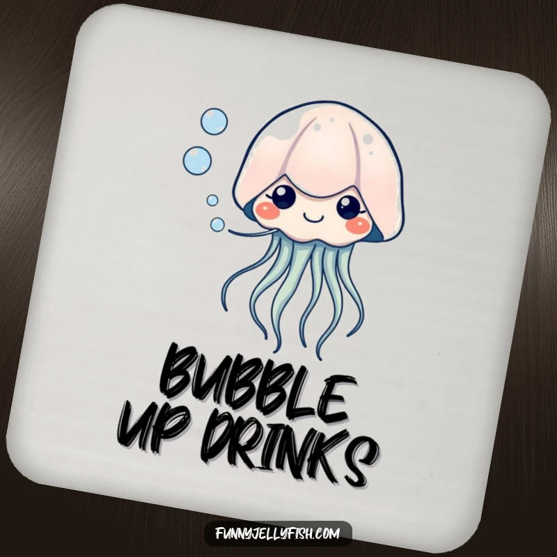 Funny Kawaii Jellyfish Coaster, depicting a creature blowing bubbles with tiny, happy eyes, adding humorous and gentle flair to any drink setup.