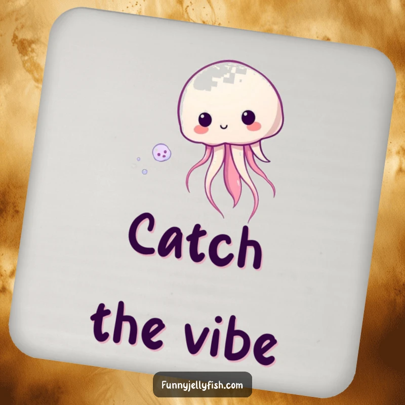 Funny Kawaii Jellyfish Drink Coaster showing a cute jellyfish playfully pursuing plankton, safeguarding surfaces with aquatic flair.