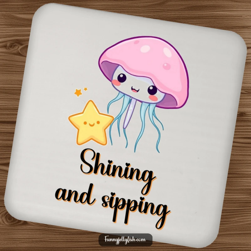 Funny kawaii jellyfish playfully bouncing a miniature star with its bell on this protective and cute drink coaster.
