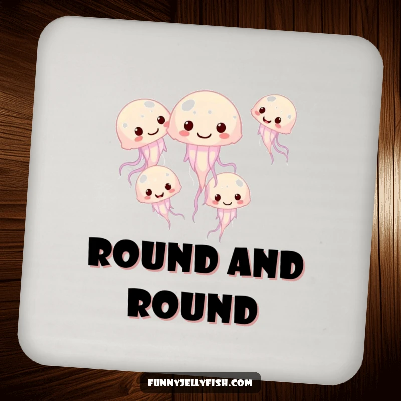 Funny coaster set featuring small, giggling jellyfish swimming in a playful circle, adding aquatic humor to your tables.