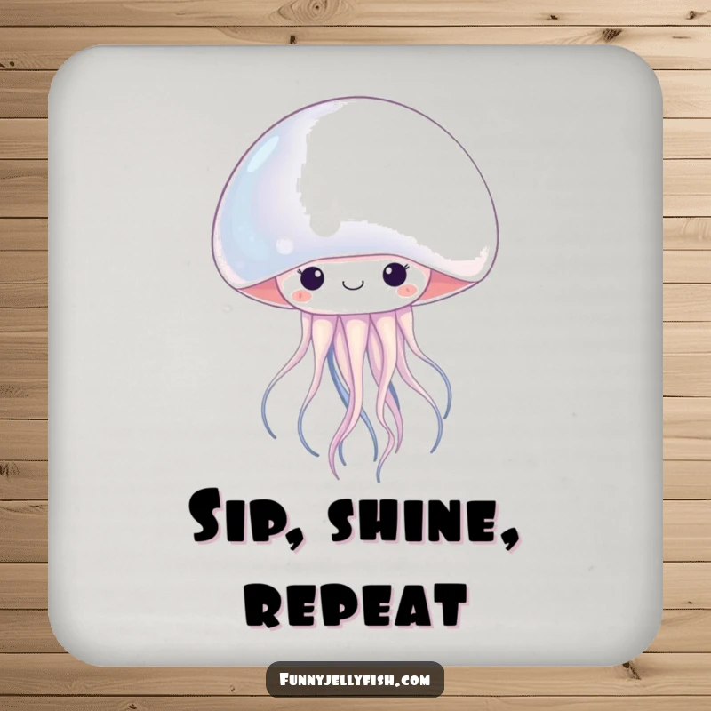 Funny kawaii jellyfish peeking from a lustrous pearl, this drink coaster adds cute and humorous ocean flair.