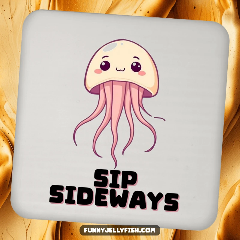 Funny Kawaii Jellyfish Coaster, depicting a creature upside down with a happy, surprised expression, adding humorous flair to any drink station.